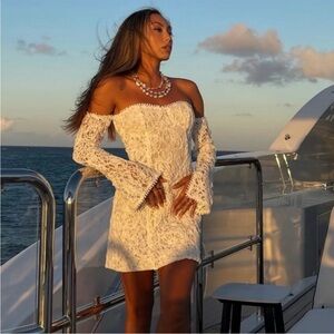 12th Tribe Lilliana Elegant Off-Shoulder Lace Dress in White